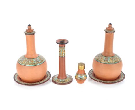A pair of Victorian terracotta bottle vases and covers on stands with Grecian style decoration matching candlestick AF and sa