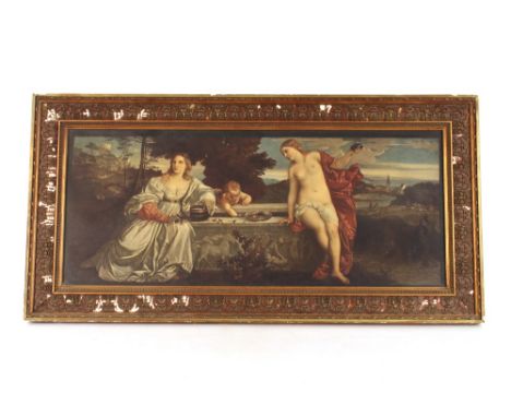 A coloured Medici Society print, depicting maiden, nymph and cherub in a garden