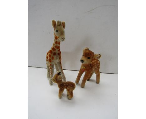 Three vintage Steiff animals, giraffe and two deer 