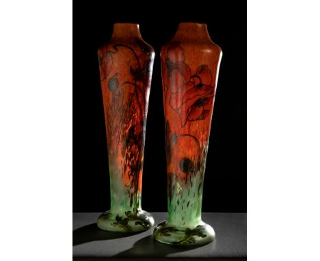 FRANÇOIS THEODORE LEGRAS. France, ca. 1910.Pair of Art Nouveau vases.Blown glass in various layers of colour and enamelled wi