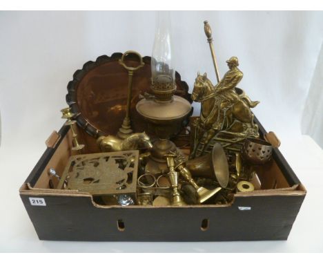 Brass candlesticks, oil lamp, huntsman fireside companion, trivet etc 
