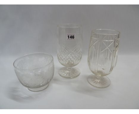 Cut glass celery vases and 19thC etched glass caddy mixing bowl