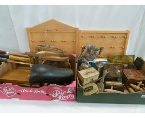 2 Boxes misc - vintage tins, lantern slides, silver backed hand mirrors, badminton racquets etc 