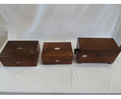 19thC mahogany tea caddy on bun feet and 19thC Rosewood jewellery boxes (3) 