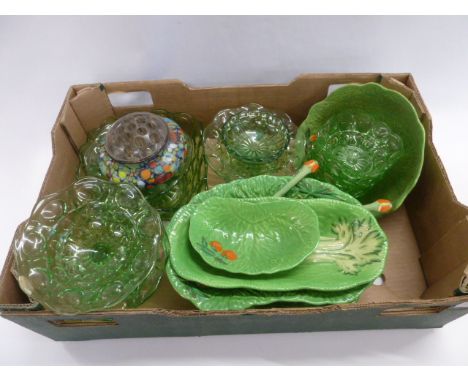 Carltonware leaf pattern salad bowls, green glass bowls etc 