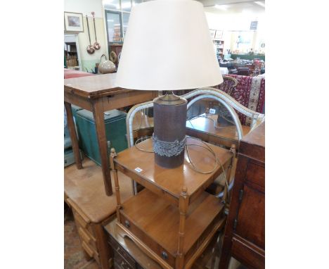 Yew 2 tier lamp table together with lamp made from wallpaper pattern roller (2) 