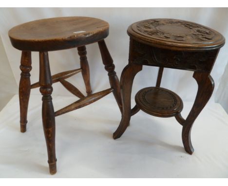 Carved oak tripod wine table and elm stool (2) 