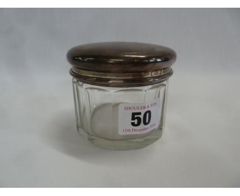 Engine turned silver lidded circular glass jar - Birmingham 1924