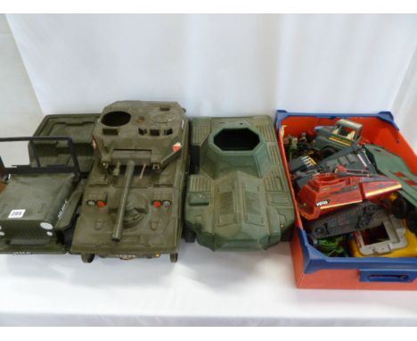 Cherilea Action Man jeep, tank, armoured car and box of Action Force figures etc  