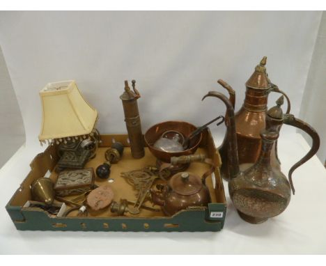 19thC Persian copper kettles, table lamp etc 