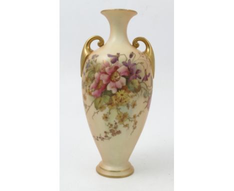 A Royal Worcester blush ivory vase, printed painted with floral sprays, with twin gilt handles, shape number H287, dated 1909