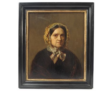 An oil on panel, portrait of an old woman, wearing a bonnet, signed top right and dated 1857, 14.25ins x 12ins