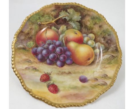 A Royal Worcester plate, hand painted with fruit to a mossy background by Lockyear, dated 1926, damaged, diameter 10ins Condi