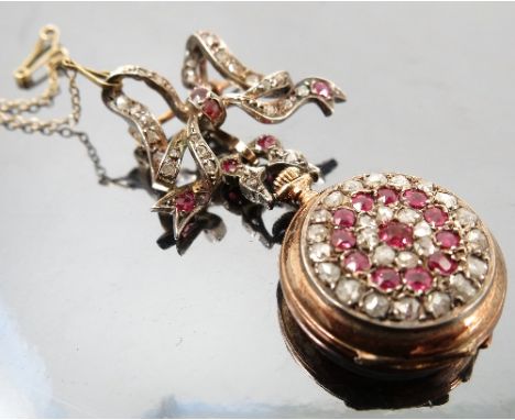 A late 19th century rose cut diamond and ruby set fob watch, to a similarly set bow brooch fitting Condition report: We do no