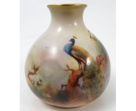 A Royal Worcester vase, decorated with a peacock in pine tree, shape number 2491, dated 1906, height 2.75ins