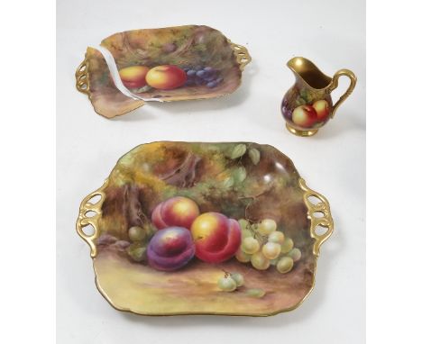A Royal Worcester milk jug, hand painted with fruit to a mossy background by Ayrton, together with two Royal Worcester square