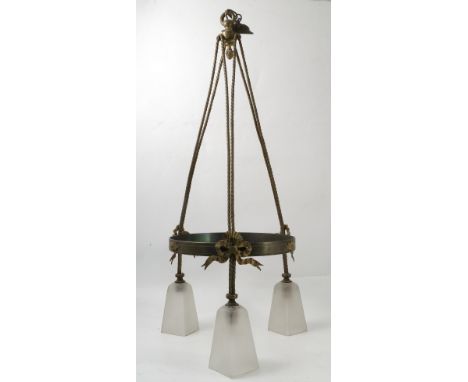 A brass hanging light fitting, having rope design suspending a ring with bows and three frosted shades, height 40ins