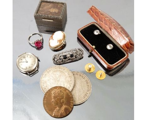 A pair of mother of pearl and diamond set dress studs, cased, stamped '18ct', weight 2.2g gross, together with a pair of dama