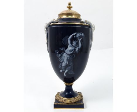 A Meissen Limoges enamel covered vase, the urn shaped body enamelled to each side with classical figures emblematic of the el