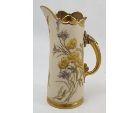 A Royal Worcester gilded ivory jug, decorated with shot silk flowers, shape number 1229, circa 1892, height 6ins 