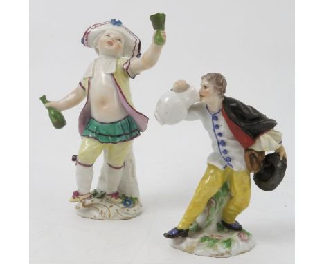 A 19th century Continental porcelain figure, of a man drinking from a jug, with yellow trousers, cross swords mark to base an