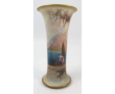 A Royal Worcester spill vase, decorated all around with a figure on a Mediterranean terrace, with pillars, flowers and birds,