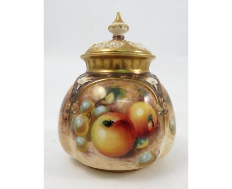 A Royal Worcester quarter lobed covered vase, decorated half round with hand painted fruit by Roberts, shape number H175, hei