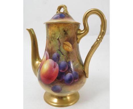 A Royal Worcester coffee pot, hand painted with fruit to a mossy background by H H price, dated 1926, height 7.25ins Conditio