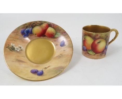 A Royal Worcester coffee can and saucer, hand painted with fruit to a mossy background by Hale, dated 1924/5 Condition report