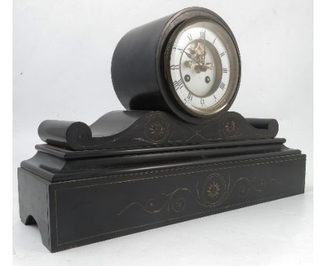 A Victorian black slate striking mantel clock, the enamel and gilt dial with escapement, the drum movement set in a circular 