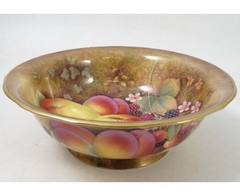 A Royal Worcester bowl, the interior and exterior hand painted with fruit to a mossy background, diameter 9ins Condition repo