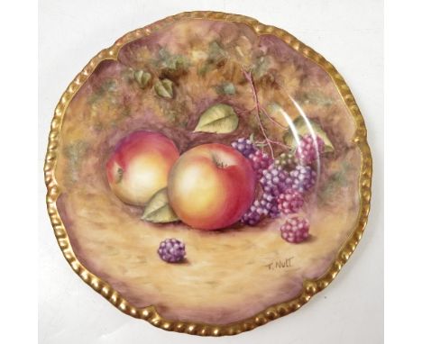 A Royal Worcester side plate, hand painted with fruit to a mossy background by T Nutt, diameter 5.75ins Condition report: Goo
