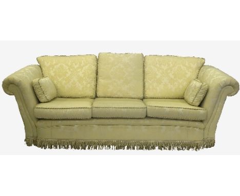 A three piece suite, in damask pale yellow upholstery, comprising a three seat sofa, width 96ins, a two seat sofa, width 58in