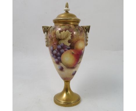 A Royal Worcester covered pedestal vase, hand painted with fruit to a mossy background, unsigned, shape number H2713, height 