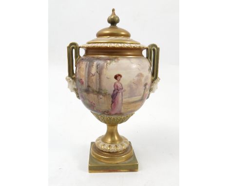 A Royal Worcester covered vase, decorated all around with a figure on a Mediterranean terrace, with flowers and doves, by Sed