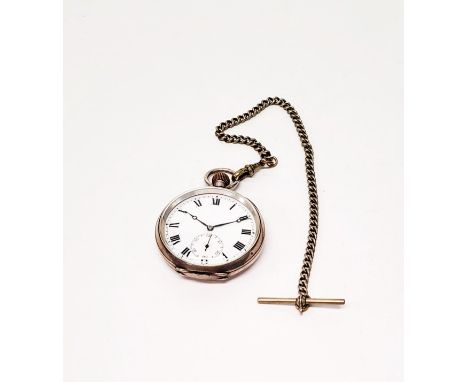 A silver open faced fob watch, with white enamel dial, second subsidiary seconds dial, Roman Numerals, on an import marked ha