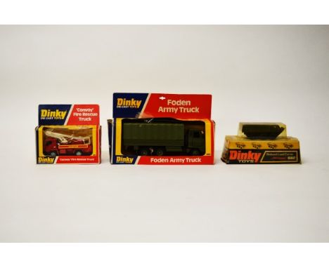 Three vintage boxed Dinky toys model, comprising #668 Foden Army Truck, #682 Stalwart Load Carrier and #384 Convoy Fire Rescu