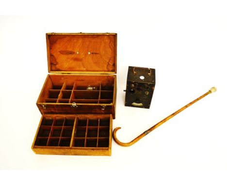 An Edward VII silver collared walking stick, together with a fitted wooden lidded case and a Hunts Capacitance and Resistance