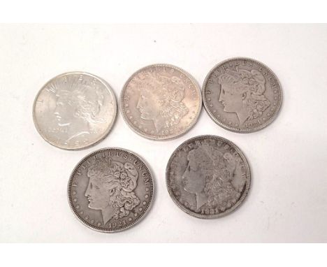 Four Morgan Head United States of America silver one dollars, all dated 1921, one San Francisco Mint, one Denver Mint. Togeth