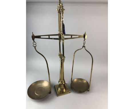 EARLY 20TH CENTURY PHARMACY SCALES AND WEIGHTS, the scales 73cm high x 37cm wide, along with a brass pestle and mortar and br