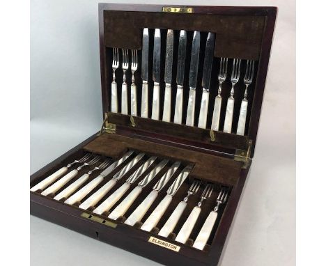 SET OF TWELVE DESSERT KNIVES AND FORKS, by Elkington, with mother of pearl handles, in fitted mahogany case