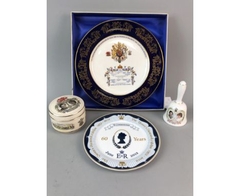 ROYAL COMMEMORATIVE CERAMIC AND GLASS PLATES, along with other various commemorative ware including a part tea service, bell 