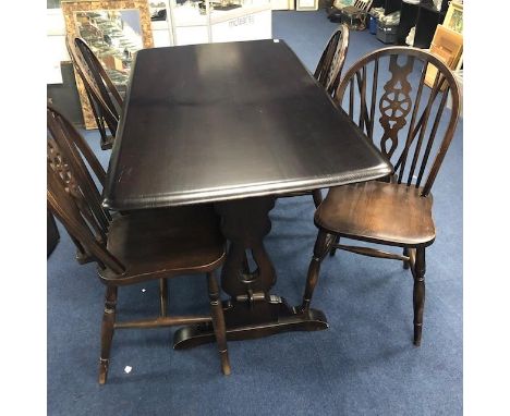 MODERN DINING TABLE AND FOUR CHAIRS, in the style of Ercol, the table 72cm wide, 137cm long