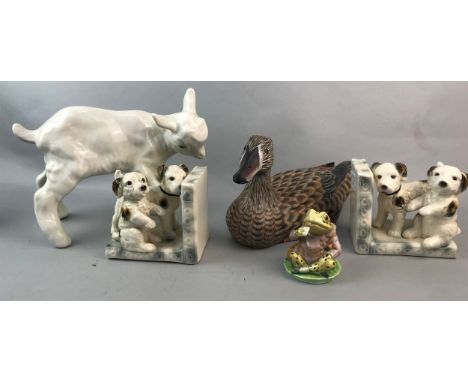 PAIR OF CERAMIC BOOKENDS, modelled as dogs, 11cm high, along with other animal figures, also a decoy duck