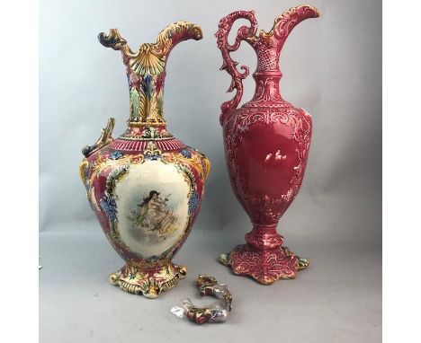 TWO CONTINENTAL CERAMIC EWERS, tallest 47cm high