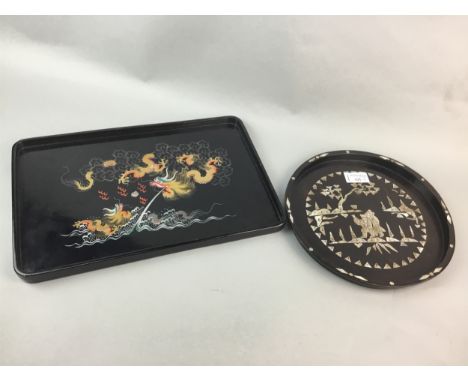 19TH CENTURY CHINESE WOOD LACQUERED TRAY, inlaid with mother of pearl also another oblong tray, a fly whisk, small cloisonne 
