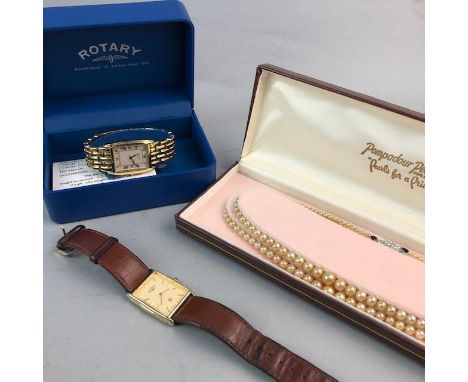 THREE ROTARY WRIST WATCHES one in box, along with a late 19th century necklace and faux pearls