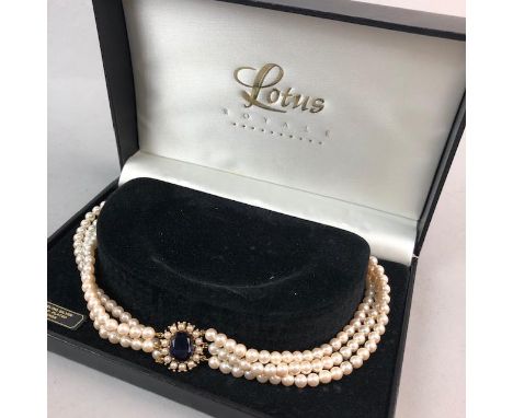 LOTUS ROYALE PURPLE GEM AND FAUX PEARL CHOKER, in fitted case, along with a collection of costume jewellery including beads, 