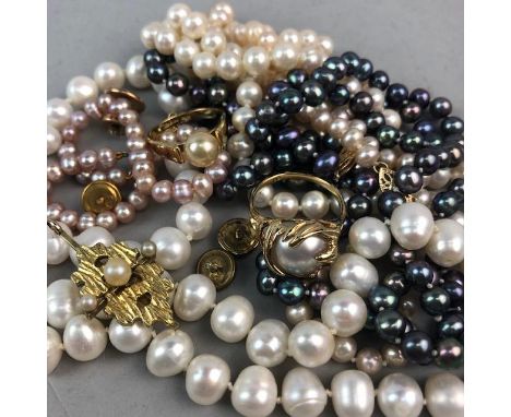 LOT OF PEARL NECKLACES AND BRACELETS some with gold clasps, including pink and grey examples