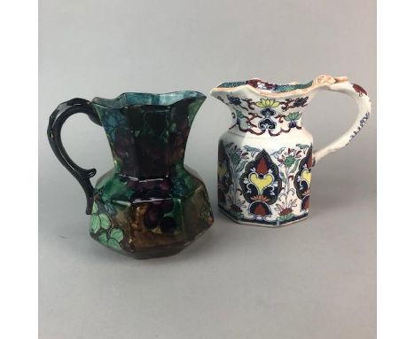 MASON'S REGENCY MINIATURE JUG, 6cm high, along with two ceramic jugs, an Aynsley cup and two vases